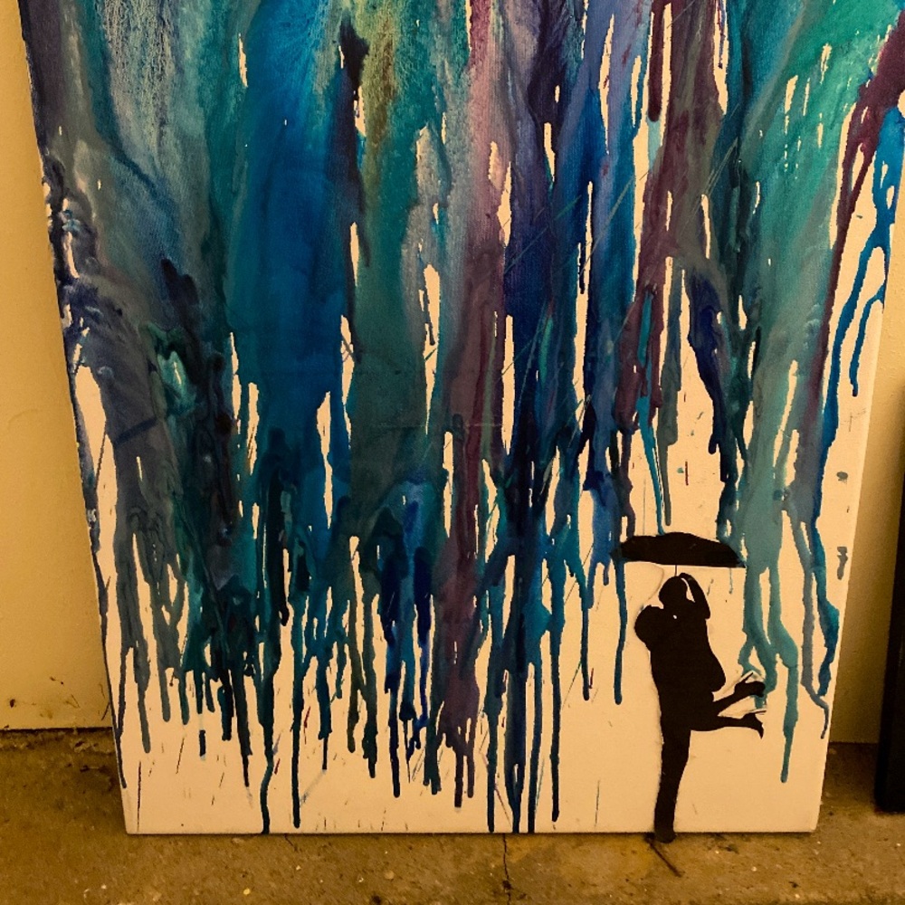 Couple kissing in the rain wall crayon art